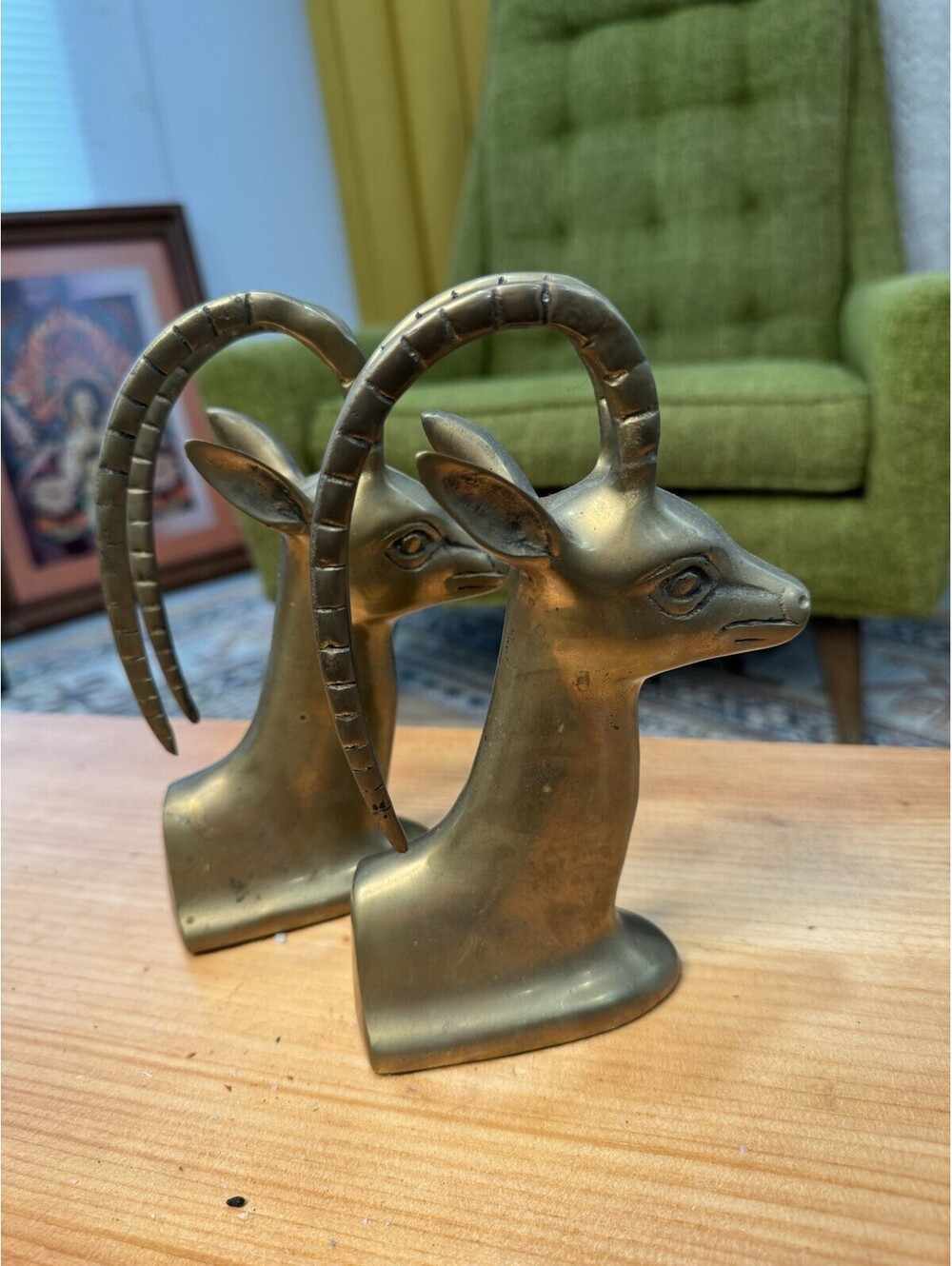 Pair of heavy Vintage gazelle antelope deer antler brass bookends - Picture 3 of 6